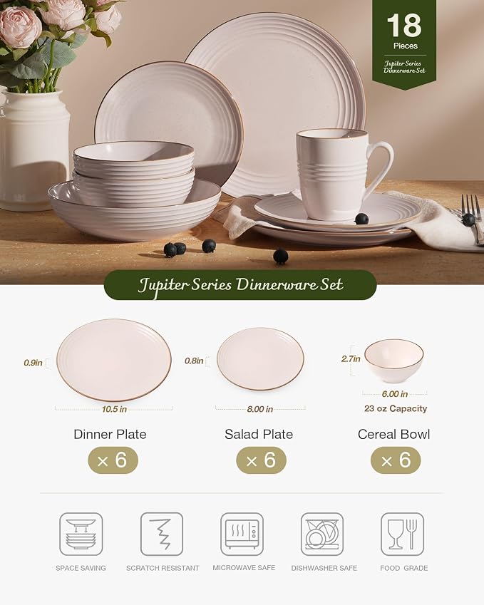 Famiware Jupiter Stoneware Dinnerware Sets, 18-Piece Speckled Dishes for 6 | Ceramic Plates & Bowls with Rim, Chip & Scratch Resistant, Microwave & Dishwasher Safe, Everyday & Formal Use, Neutral Pink