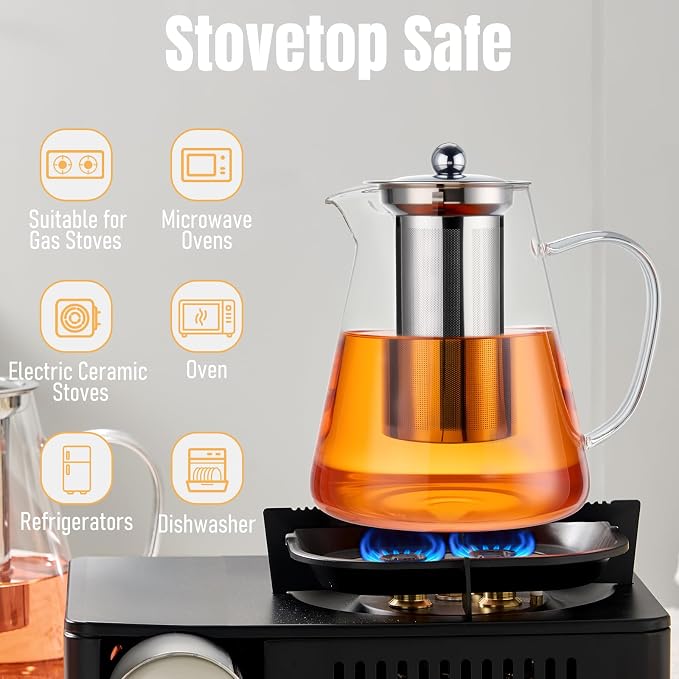 Baalaka Teapot with Infuser, 44 oz Borosilicate Glass Kettle, Stovetop | Removable 18/8 stainless steel strainer filters loose leaf, fruit and herbal blends; wide mouth and angled spout ease use