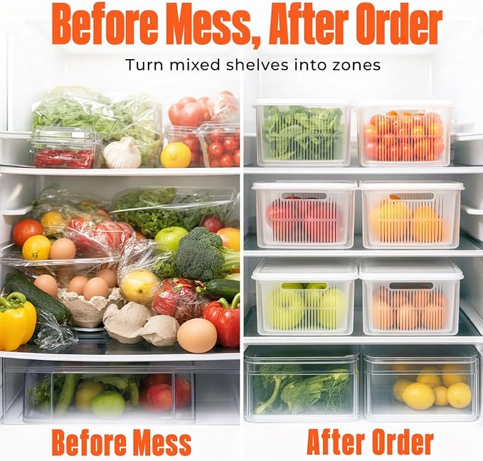 Kruggo Fruit Storage Container For Fruit Kitchen Storage (A, S+M+L) | Removable Colander Produce Storage Containers for Fridge Organizer