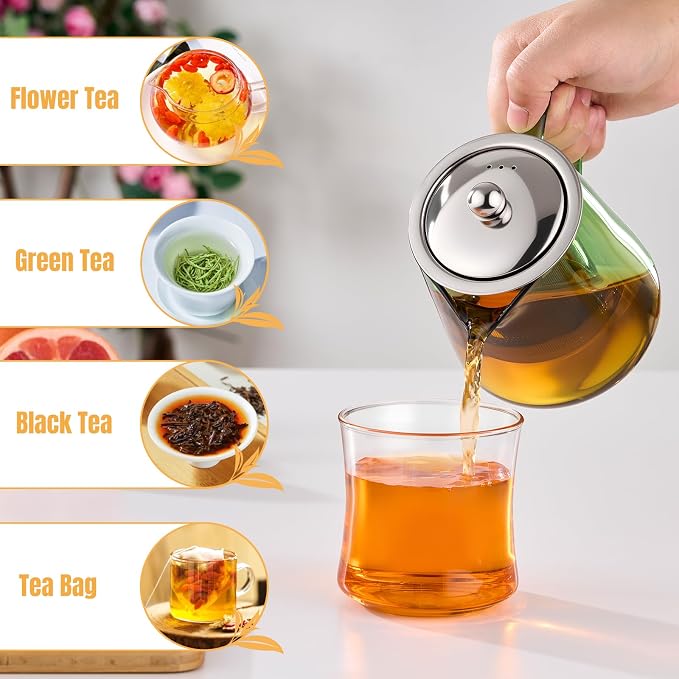PARACITY Tea Kettle with Infuser, Glass Teapot Stovetop, 18.6 fl oz, 550 ml | (Green) Clear-glass tea maker with removable 18/8 steel infuser for blooming or loose leaf tea; made of borosilicate glass