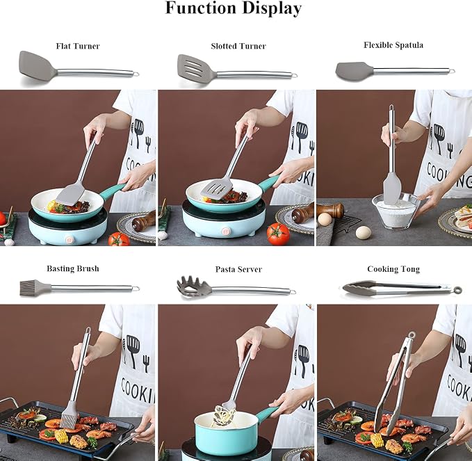 38 Piece Silicone kitchen Cooking Utensils Set with Utensil Rack, Silicone Head and Stainless Steel Handle Cookware, Kitchen Tools for Utensil Sets, Non-Stick kitchen Gadgets, Dishwasher Safe(Silver)
