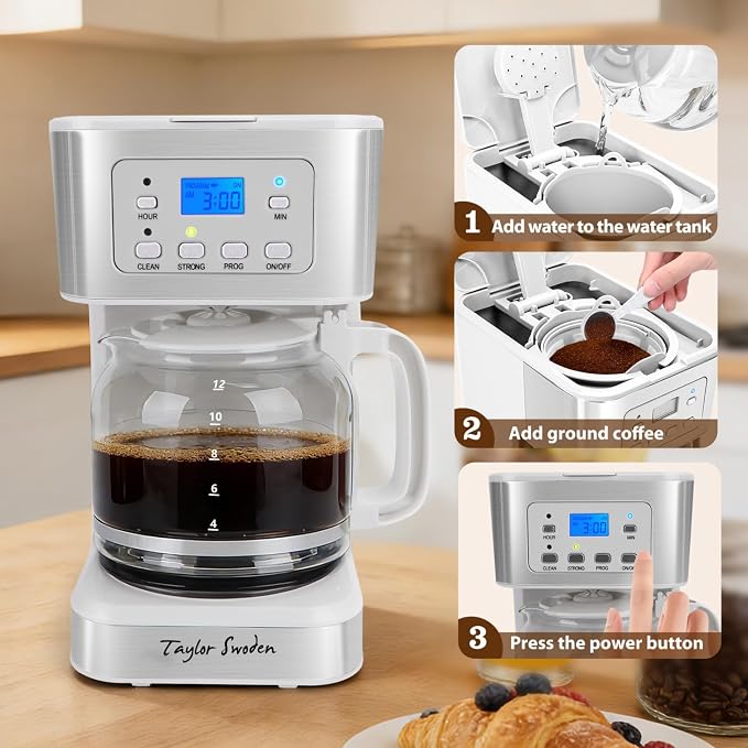 Taylor Swoden 12-Cup Programmable Coffee Maker, White & Stainless Steel | Regular & Strong Brew Drip Coffee Machine for Home and Office, Glass Carafe, Pause & Serve, Auto Shut Off