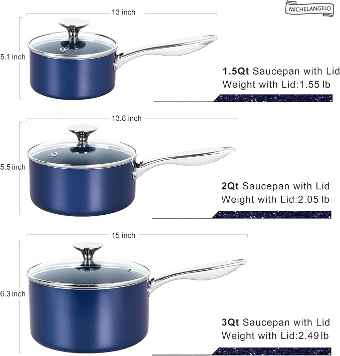 MICHELANGELO Sauce Pan with Lid, Ceramic Saucepan Set, 1.5Qt & 2Qt & 3Qt Sauce Pan Sets, Nonstick Saucepans with Lids, Small Pots with Stainless Steel Handle, Oven Safe, Blue
