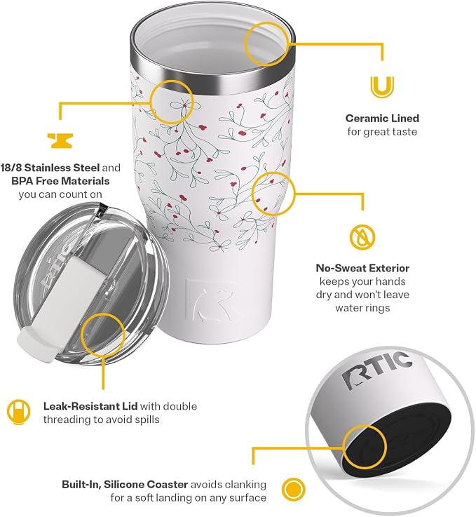RTIC 30oz Essential Tumbler with Lid, Ceramic Lined, Insulated, Stainless Steel, Metal, Double Wall Vacuum-Insulation, Travel Cup for Iced Coffee, Tea, Hot and Cold Drink, Mistletoe