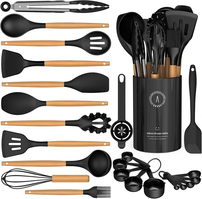 Silicone Cooking Utensils Set - AVGPD Silicone Kitchen Utensils for Cooking Wooden Handles, 446°F Heat Resistant Kitchen Utensil Spatula Sets, Gadgets for Non-Stick Cookware BPA FREE (Black)
