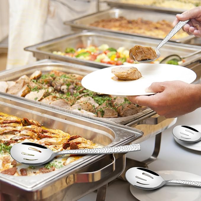 E-far Hammered Slotted Serving Spoons, 4-Piece Stainless Steel Tablespoons Hostess Serving Utensils Set for Catering Buffet Party Wedding Kitchen Restaurant, Dishwasher Safe