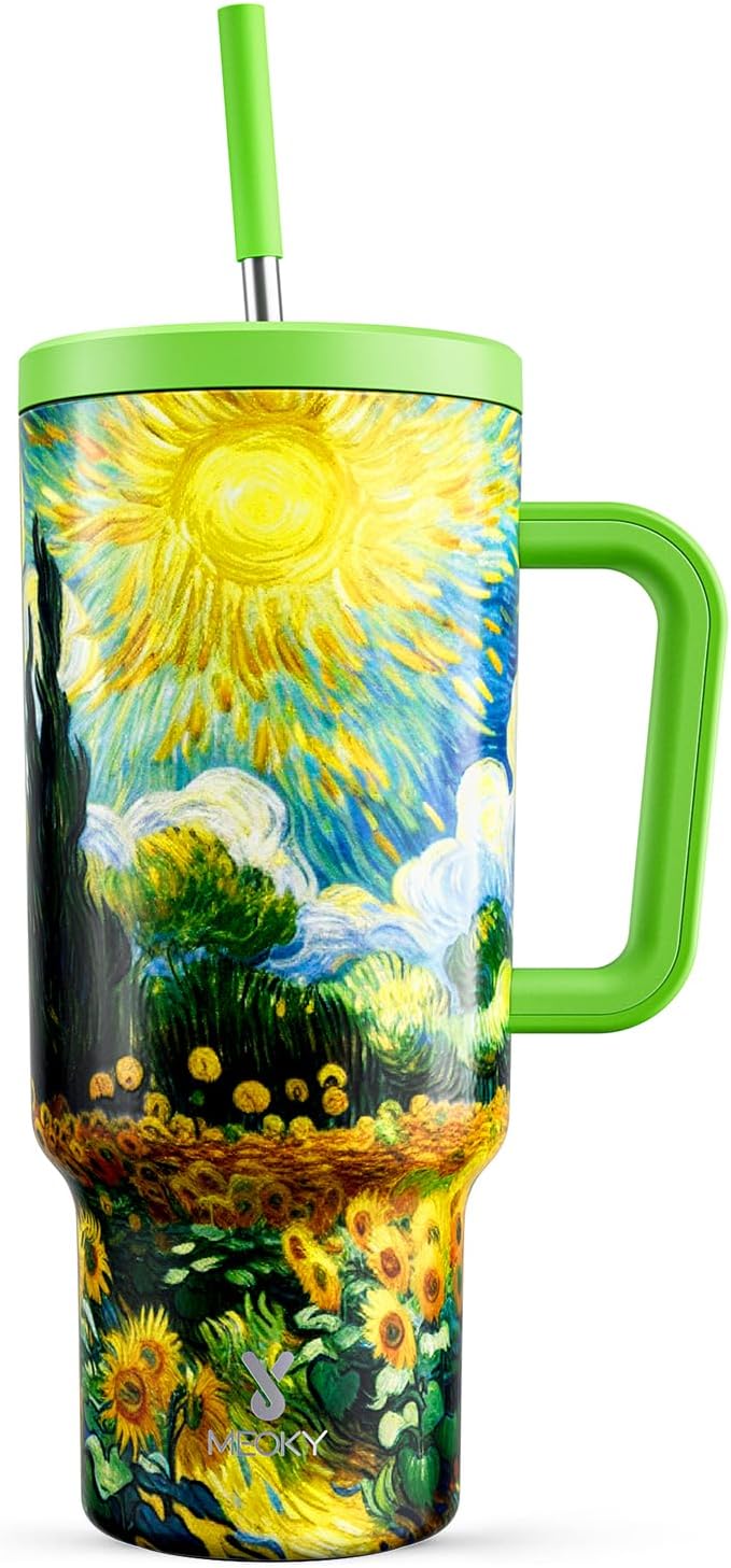 Meoky 40 oz Tumbler with Handle and Straw: Stainless Steel Insulated Tumbler with Lid and Straw - 100% Leak Proof Tumbler for Car Cup Holders - Travelers Commuters Workers, Sunflower
