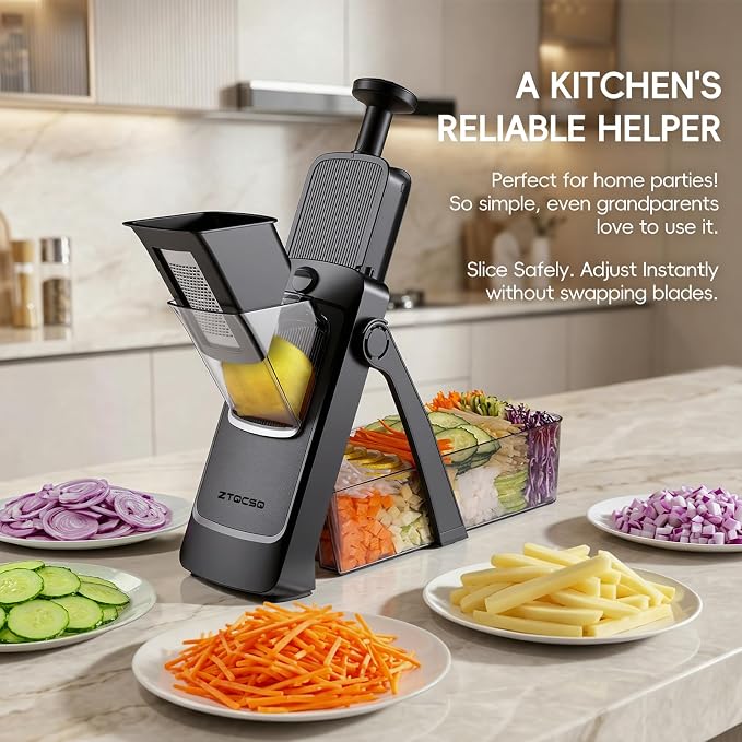 Safe Mandoline Slicer for Kitchen, Vegetable & Food Cutter, Easy to Clean | Vegetable Potato Slicer Chopper Cutter With Container, Wider Tray & Stainless Steel & Filter Basket & Brush (Black Pro)