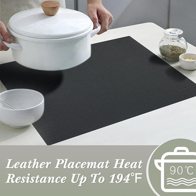 Leather Placemats Table Mats Set of 6, Black & Gray | Reversible Non-Slip Table Placemats, Heat-Resistant and Waterproof for Dining Kitchen and Holiday Parties