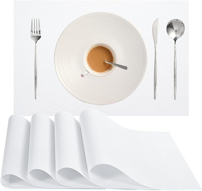 Zupro White Placemats Set of 4 Woven PVC 18"x12" for Indoor Outdoor Usage | Washable Heat-Resistant Non Slip Table Mats PVC Vinyl Kitchen Dining Patio Table Place Mats for Holidays Dinner Parties BBQs