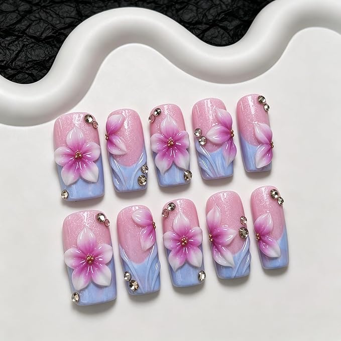 10pcs Handmade Press on Nails Medium Square Nails Press ons with 3D Flower & Rhinestones Design Thicked Muti-Layer Gel Fake Nails Purple Gradient French Tip Acrylic Nail Kit for Women (S)