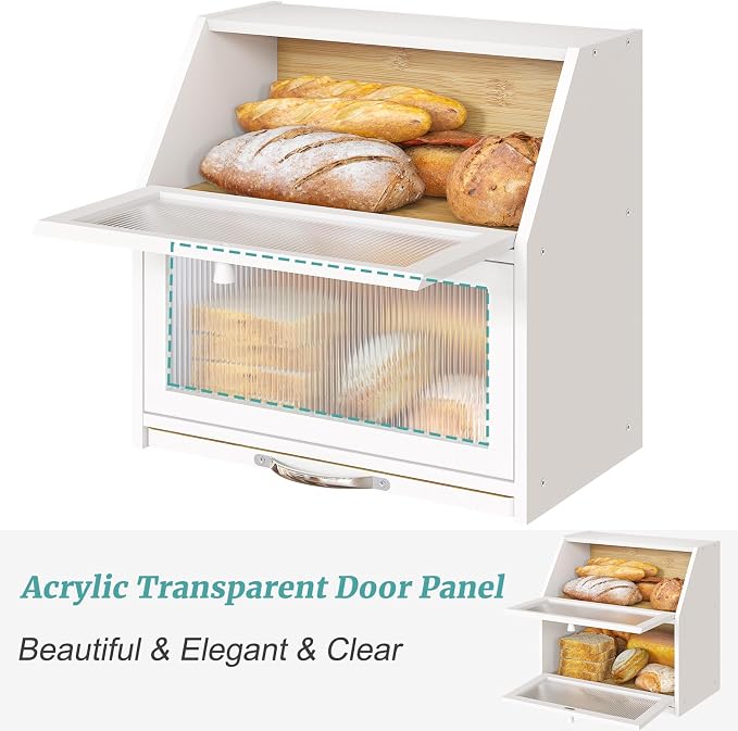 Extra Large Bread Box with Cutting Board Bamboo Wood Bread Box for Kitchen Counter, Double Layer Large Capacity Bread Storage Bin with Acrylic Wavy Door Panel