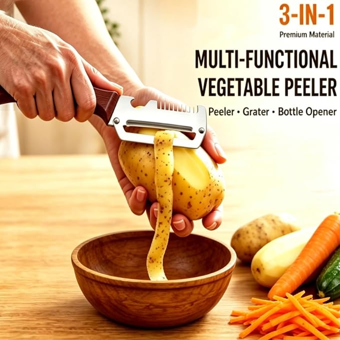 2PCS Multi-Functional Vegetable Peeler for Kitchen, 3 in 1 Stainless Steel Blade with Wooden Handle and Bottle Opener, Kitchen Gadgets Tool for Fruit Peeling Potato Carrot Veggie Peeler (B)
