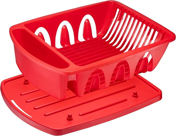 Tribello Sink Dish Drying Rack, Heavy Duty Hard Plastic Sink Set with Drainer (Red)