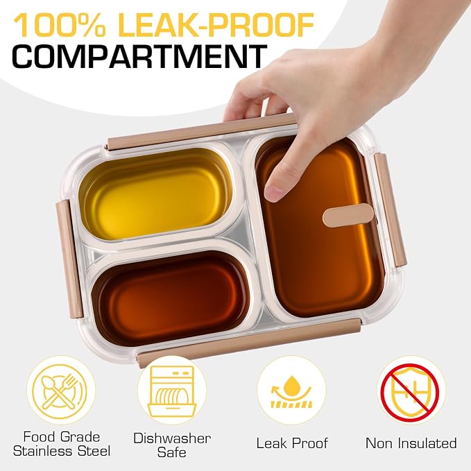 Stainless Steel Lunch Box, 3 Compartments Metal Bento Box for Kids, 25oz Lunch Container with Leakproof Lid, Divided Meal Prep Box for Adults, Kids - Ideal for Office, School, Healthy Eating