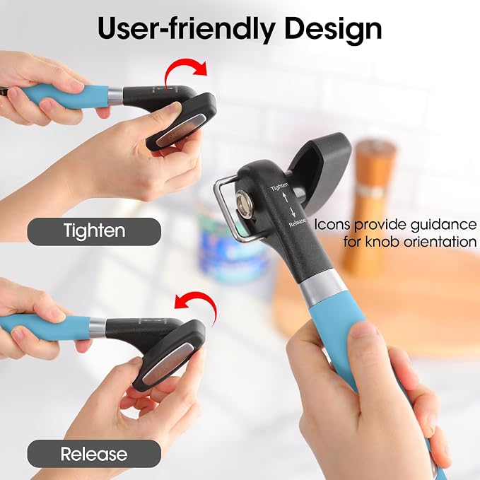 Beneno Can Opener, Manual Side Safe Cut Can Opener Smooth Edge, Aqua | Durable Sharp DC53 Steel Cutting Blade, Clean Cut with no Sharp Can Edges, Big Effort-Saving Knob, Comfortable Non-Slip Grip