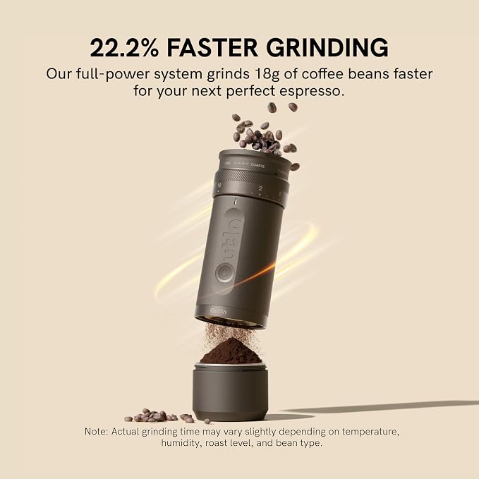 OutIn Fino Portable Electric Coffee Grinder with 28 Precise Grind Settings | Adjustable Coffee Bean Grinder, One-Touch Burr Grinding, Fast-Charge Battery, Auto-Stop & Clog Protection, Tundra Brown