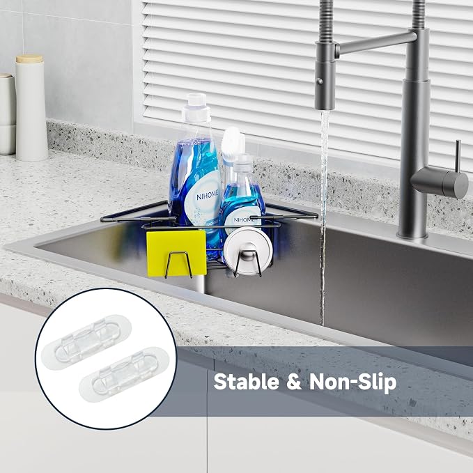 NiHome Sponge Holder for Kitchen Sink, Adjustable Corner Caddy, Black | Rustproof 304 Stainless Steel Storage with Extendable Arms and Open Drainage for Rapid Drying of Brushes and Soap Bars