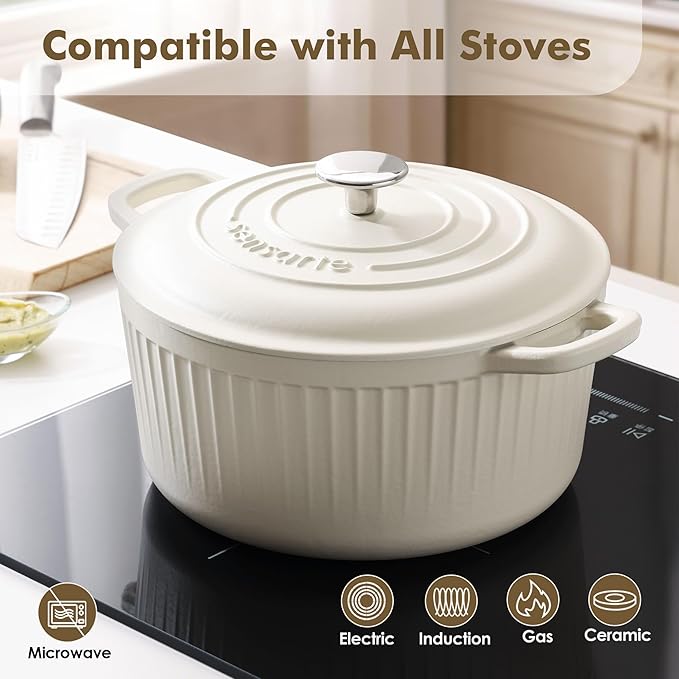 SENSARTE 5.5QT Enameled Cast Iron Dutch Oven Pot Casserole Dish with Lid | Premium Enamel Round Dutch Pot for Bread Baking, Stews, Braising & Roasting, Oven Safe, Induction Compatible, White