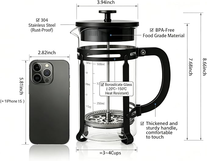 French Press Coffee Maker 34oz, Glass Coffee Press With Extra Filter-Black | Thickened Glass Stainless Steel, for Coffee, Cold Brew,Tea & Cocoa
