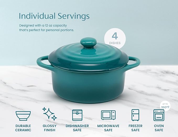 Kook Ceramic Mini Cocotte Set, Small Casserole Dishes with Lids and Handles, Individual Baking Ramekins, Oven Safe 350F, Microwave & Dishwasher Safe, Stoneware, 12 oz, Set of 4, (Aqua Ombre)