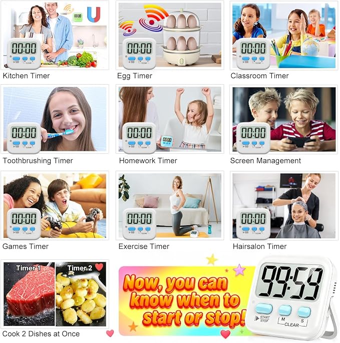 2 Pack Digital Timer for Kids Classroom Kitchen Timers for Cooking | w/ Battery, Easy to View, Alarm, Mute Mode, Count Down/Up, Magnetic, Kickstand, Hanging, Classroom Timer for Teacher Supplies