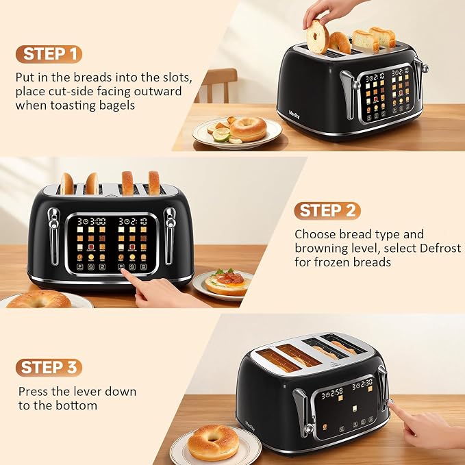 Mecity Toaster 4 Slice, Touch Screen Wide Slot Retro Toaster For Breads Bagel Muffin Waffle, House Warming Gift New Home, 120V 1650W, Jet Black