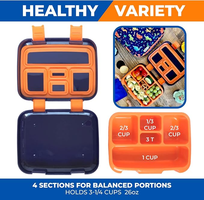 kinsho Kids Bento Lunch Box, Water Bottle, Ice Pack & Bag, Blue Dinosaur | 5 Leakproof Portion Compartments, BPA-Free Removable Tray, Insulated Meal, Snack Container for Toddlers, Pre-School & Daycare