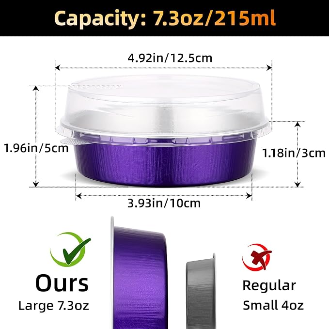 Beasea Mini Tart Pans with Lids, 120 Pack 7.3oz 4 Inch Disposable Cake Pans Aluminum Foil Pie Tart Baking Cups Tins Individual Dessert Containers Oven Dishes for Cheesecake - Violet Purple