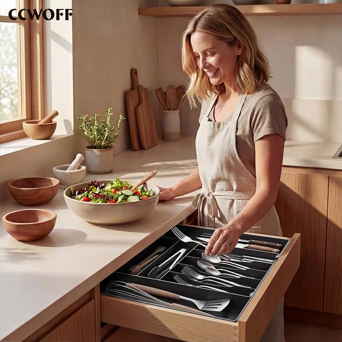 Silverware Drawer Organizer, 9 Slots Expandable Kitchen Drawer Organizer | Extra Large Utensil Holder & Cutlery Tray, Heavy Duty Stainless Steel Frame Flatware Organizer, Non-Slip Feet Included, Black