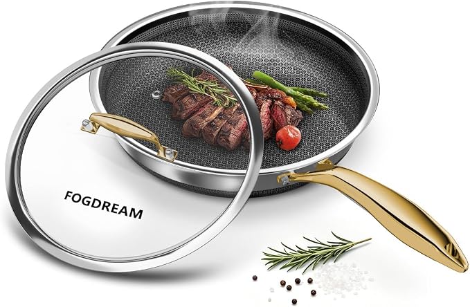 FogDream 10 Inch Stainless Steel Frying Pan with Lid, Honeycomb Hybrid Nonstick Skillet for Induction & All Cooktops, PFAS/PFOA/PTFE Free, Oven Safe to 500°F, Stay-Cool Handle, Dishwasher Safe, Gold