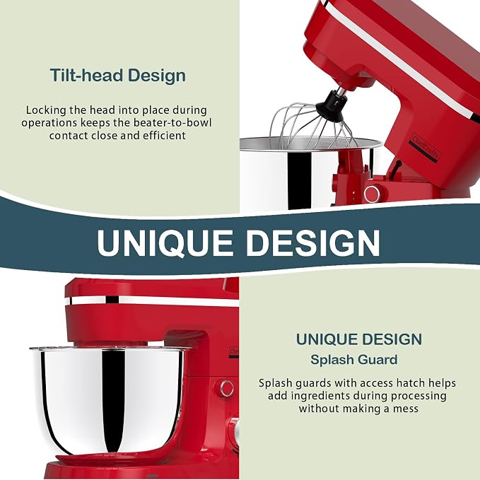 Household Stand Mixer with 6.5 Quart Bowl, 660W Household Food Mixer 10+p Speeds, Kitchen Tilt-Head Bread Dough and Cake Mixers with Dough Hook, Whisk, Beater, Splash Guard and Egg Separator (Red)