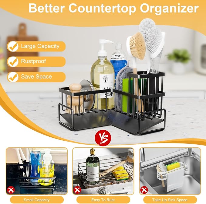 TEAMOLA Kitchen L-Shaped Sponge Holder - Large Metal Sponge Sink Caddy | Black Metal Corner Sponge Caddy, Sloped Drain Tray for Sink, Kitchen Countertop Organizer Holds Soap Brush Sponge Non-Slip
