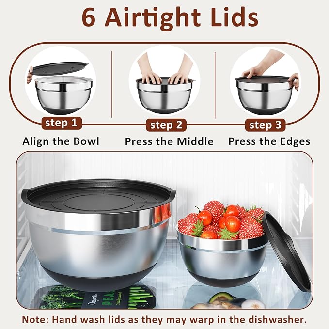 9 Pack Mixing Bowls with Airtight Lids & Grater Attachments, Black | Stainless Steel Bowl, Non-slip Bases, Nesting Kitchen Bowl, Size 5, 4, 3, 2, 1.5,1QT,for Food Prep, Baking, Storage & Serving