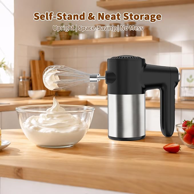 binROC Cordless Electric Hand Mixer, 7-Speed with Storage Base, Black | Rechargeable, Eject Button, Long Battery, Quiet Anti-Splash, 6×304 Stainless Attachments, Self-Stand for Cake, Dough Baking