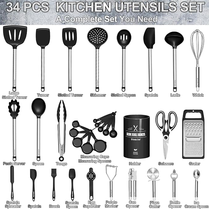 Umite Chef Thickened Kitchen Utensils Set- Silicone Cooking Utensils Set for Nonstick Cookware-Silicone Spatulas Set, Heavy Duty Stainless Steel Handle-Black Kitchen Gadgets Tools Set