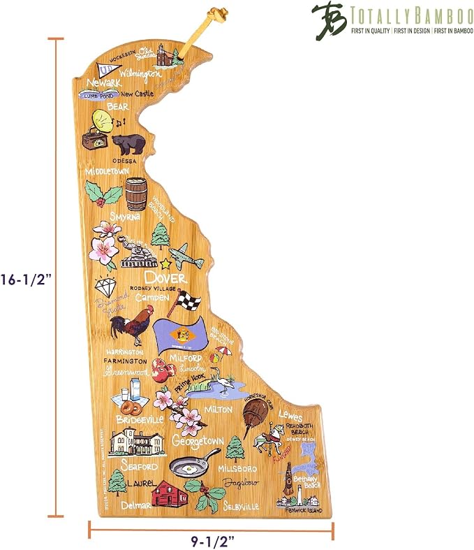 Totally Bamboo Delaware State Shaped Cutting Board, Art by Fish Kiss | State charcuterie board with colorful hand-drawn map artwork. Smooth reverse side for food prep. Hang tie for wall display.