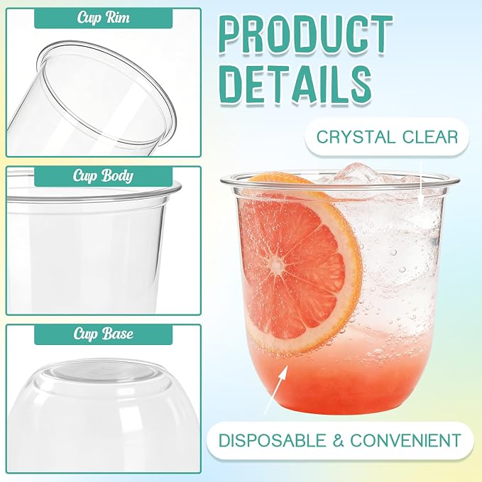 Alaeseje 50 Pcs Disposable Stemless Wine Glasses,12 oz Cocktail Cups | Round Bottom Clear Plastic Party Cups for Meeting Weddings Birthday Party Supplies
