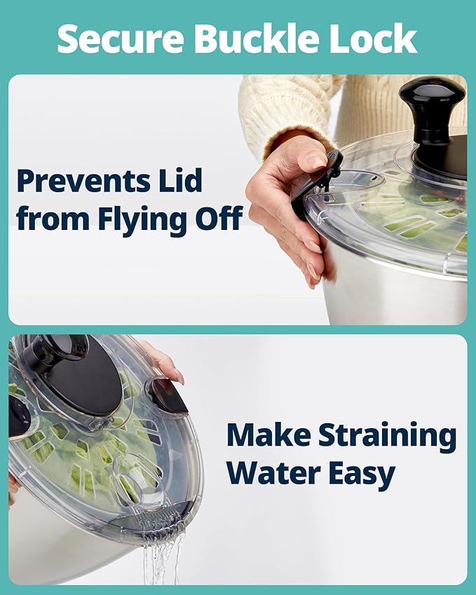 Stainless Steel Salad Spinner, 6.34Qt Large Lettuce Dryer, BPA-Free Vegetable & Fruit Washer with Drain, Easy Clean, Non-Slip Base, Transparent Lid