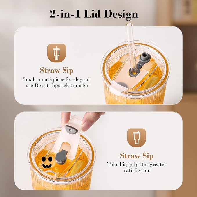 20oz Iced Coffee Cups with Lids, Ribbed Glass Cups with Lids and Straws | Thick Reusable Glass, Leak-Resistant Lids, Fits Most Car Cup Holders, For Iced Coffee, Tea, Smoothies and Cold Drinks