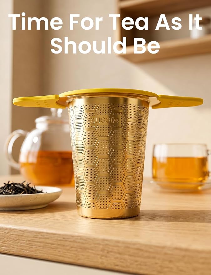 Tea Infuser for Loose Leaf Tea,Stainless Steel Tea Strainer with Silicone Handles,Extra Fine Mesh Tea Strainers for Loose Tea Filter Fine Tea Leaves Effectively,Fits TeaPots/Mugs (Gold)