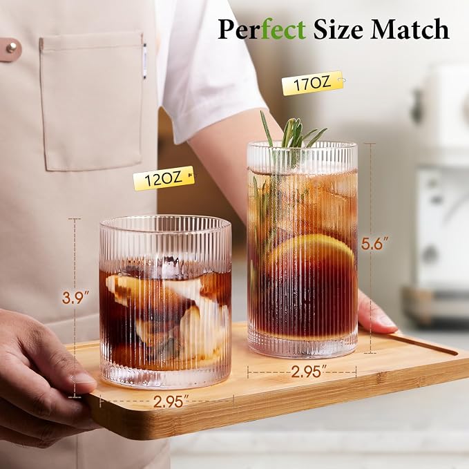 Drinking Water Glass Cups Set,Crystal Clear ribbed Glass set of 8,17oz&12oz | Unique Design Vintage Cocktail Glass, Tall Glass Cups Ideal for Ice Coffee Cup, Whiskey, Mixed Drinkware