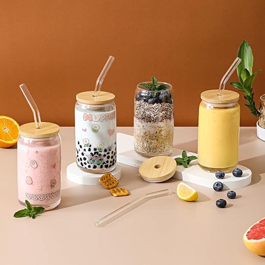 [ 12pcs Set ] Glass Cups with Bamboo Lids and Glass Straw - Beer Shaped Drinking Glasses, 16 oz Iced Coffee Glasses, Cute Tumbler Cup for Smoothie, Boba Tea, Whiskey, Water - 4 Cleaning Brushes