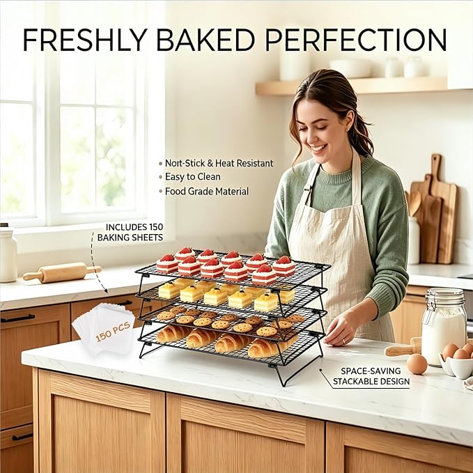 Cooling Rack for Baking 4 Tier, 17" * 11" Cookie Cooling Wire Rack for Roasting Grilling, Stackable Baking Racks for Cooking, Bread, Pizza, Cake, Oven and Dishwasher Safe