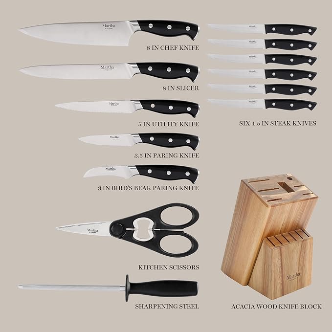 Martha Stewart Greeley Forged High Carbon Stainless Steel 14 Piece Knife Block Set, Black Kitchen Knife Set with Acacia Wood Block, Chef Knife, Bread Knife, Steak Knives