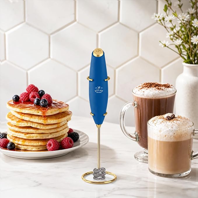 Zulay Kitchen Powerful Milk Frother Wand With Duracell Batteries - Ultra Fast Handheld Drink Mixer - Electric Whisk Foam Maker for Coffee, Lattes, Cappuccino & Matcha - Triple Whisk - Prussian Gold