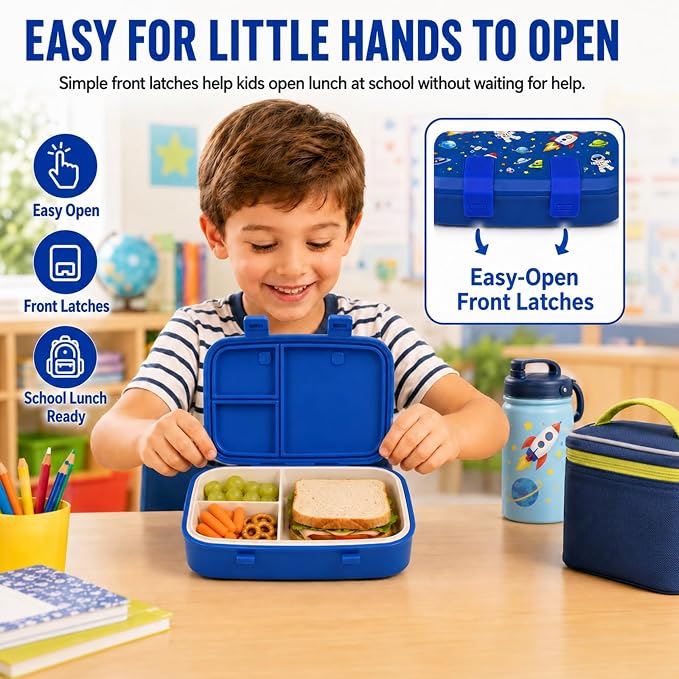 MISS BIG Kids Bento Lunch Box, Blue Astronaut, Microwave Safe, 800ml | Boys school lunch box with 3 sections for daycare, preschool, kindergarten, sandwiches, fruit, yogurt, dips, and snacks