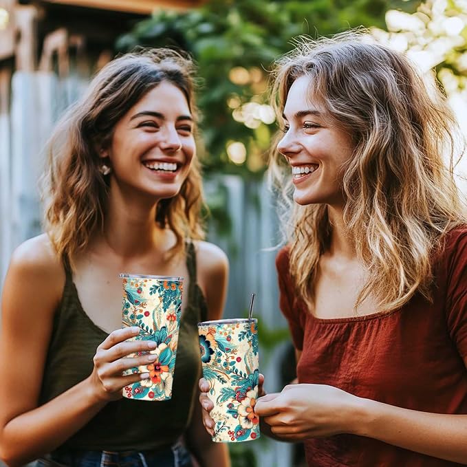 Floral Tumbler 20 oz | Stainless Steel Travel Mug with Lid | Insulated Flower Cup for Coffee, Tea and Iced Drinks | Birthday and Christmas Gifts for Women, Mom and Girlfriend
