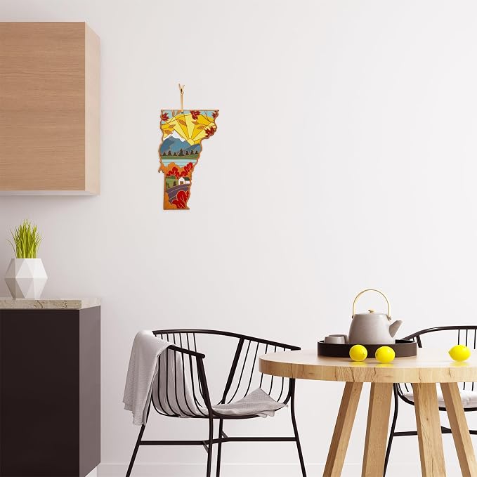 Totally Bamboo Vermont State Shaped Cutting Board, Summer Stokes Art | State charcuterie board with colorful hand-drawn landscape art. Smooth reverse side for food prep. Hang tie for wall display.