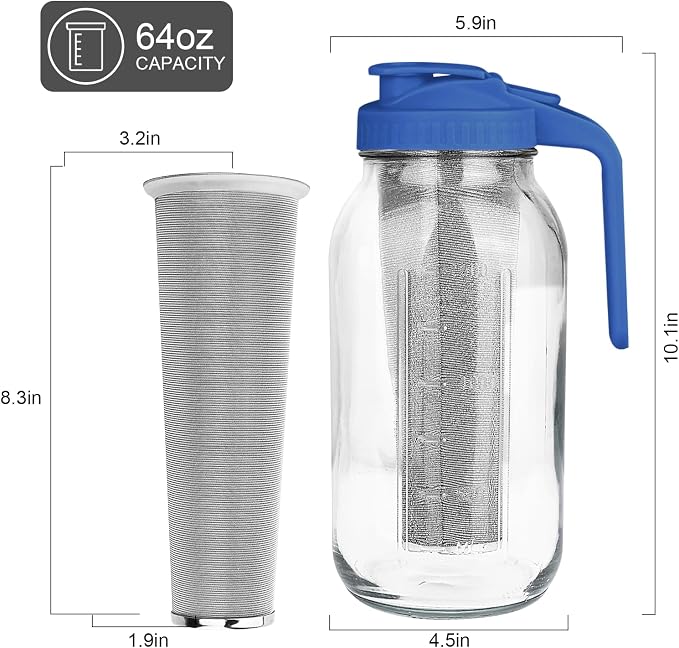 Cold Brew Coffee Maker, 64 oz Mason Jar Pitcher with Stainless Steel Filter, Pour Spout Handle Lid, Heavy Duty Glass Airtight & Leak-Proof for Iced Coffee,Tea & Lemonade